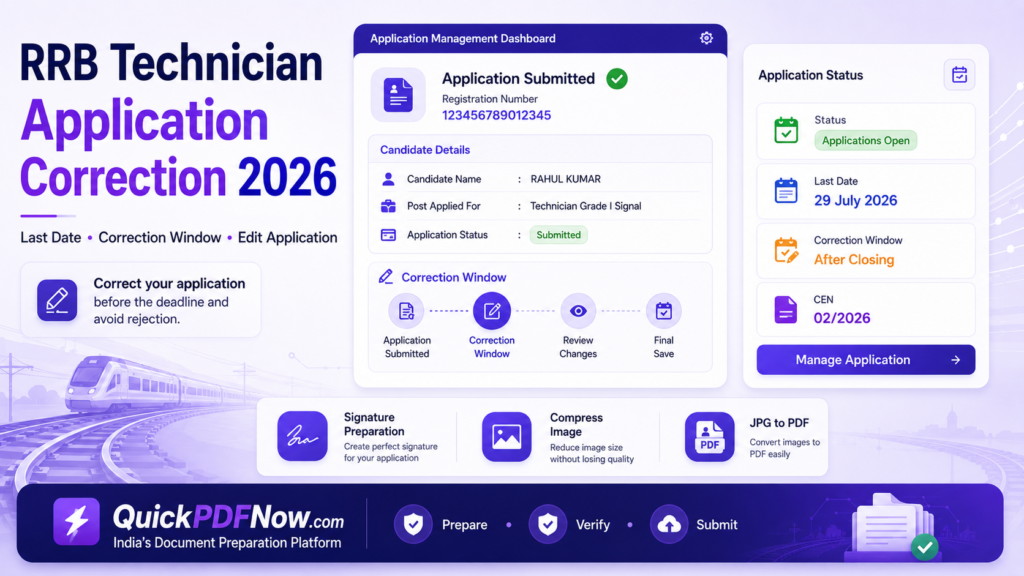 RRB Technician Application Correction 2026 last date correction window editable fields guide