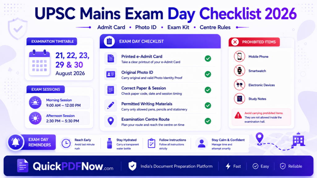 UPSC Mains Exam Day Checklist 2026 documents and examination centre rules