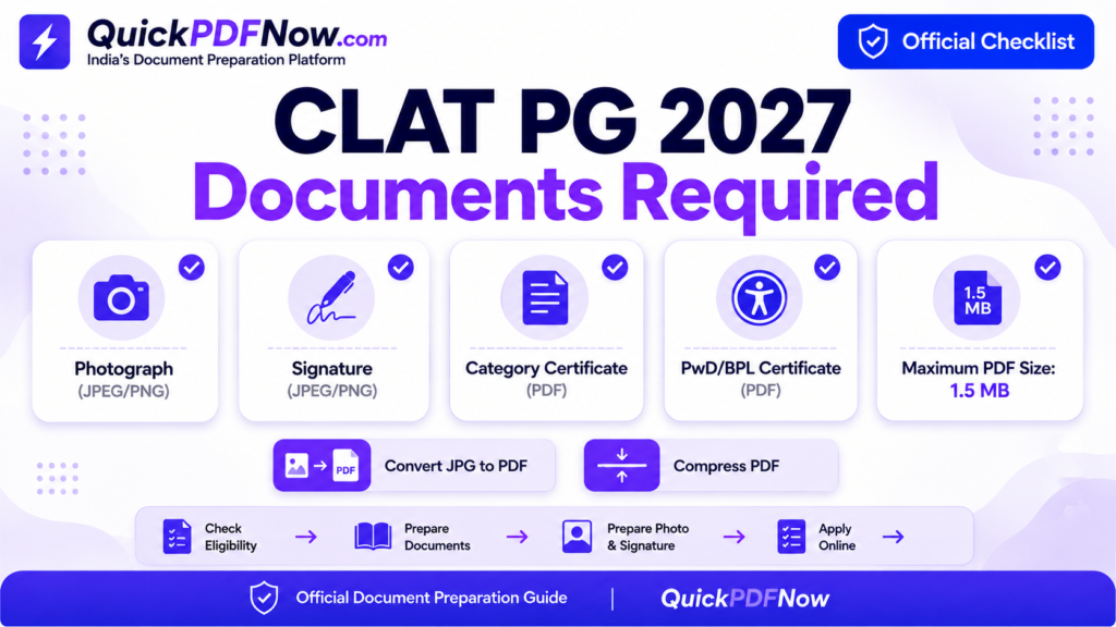 CLAT PG 2027 documents required including photograph, signature and PDF certificates