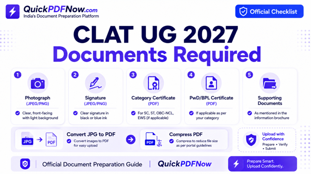 CLAT UG 2027 documents required including photograph, signature and supporting certificates