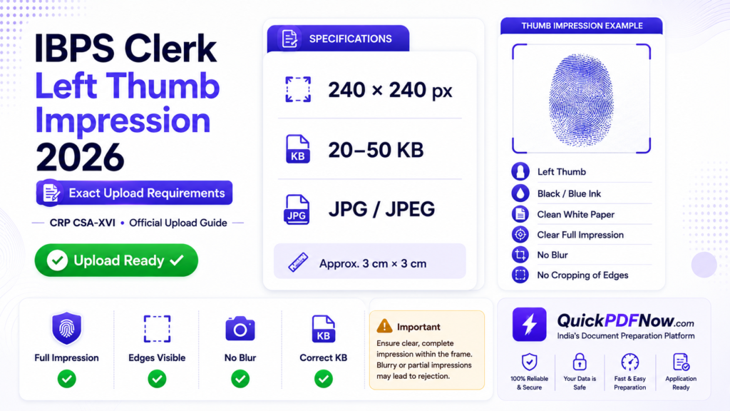 IBPS Clerk left thumb impression size 240 by 240 pixels and 20 to 50 KB