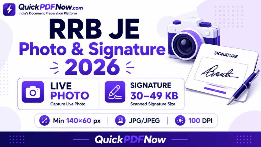 RRB JE photo signature size 2026 live photo and 30-49 KB signature