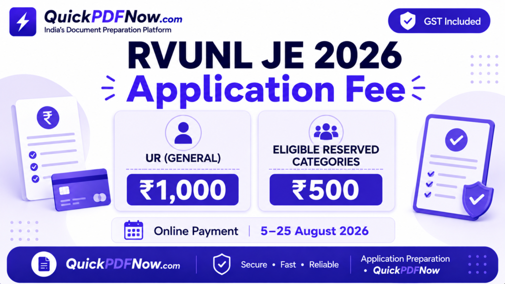 RVUNL JE 2026 application fee ₹1000 general ₹500 reserved
